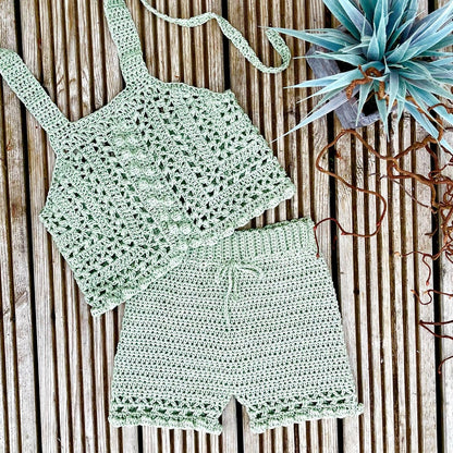 Completo boho con top e pantaloncini all'uncinetto - dai 6 mesi ai 10 anni